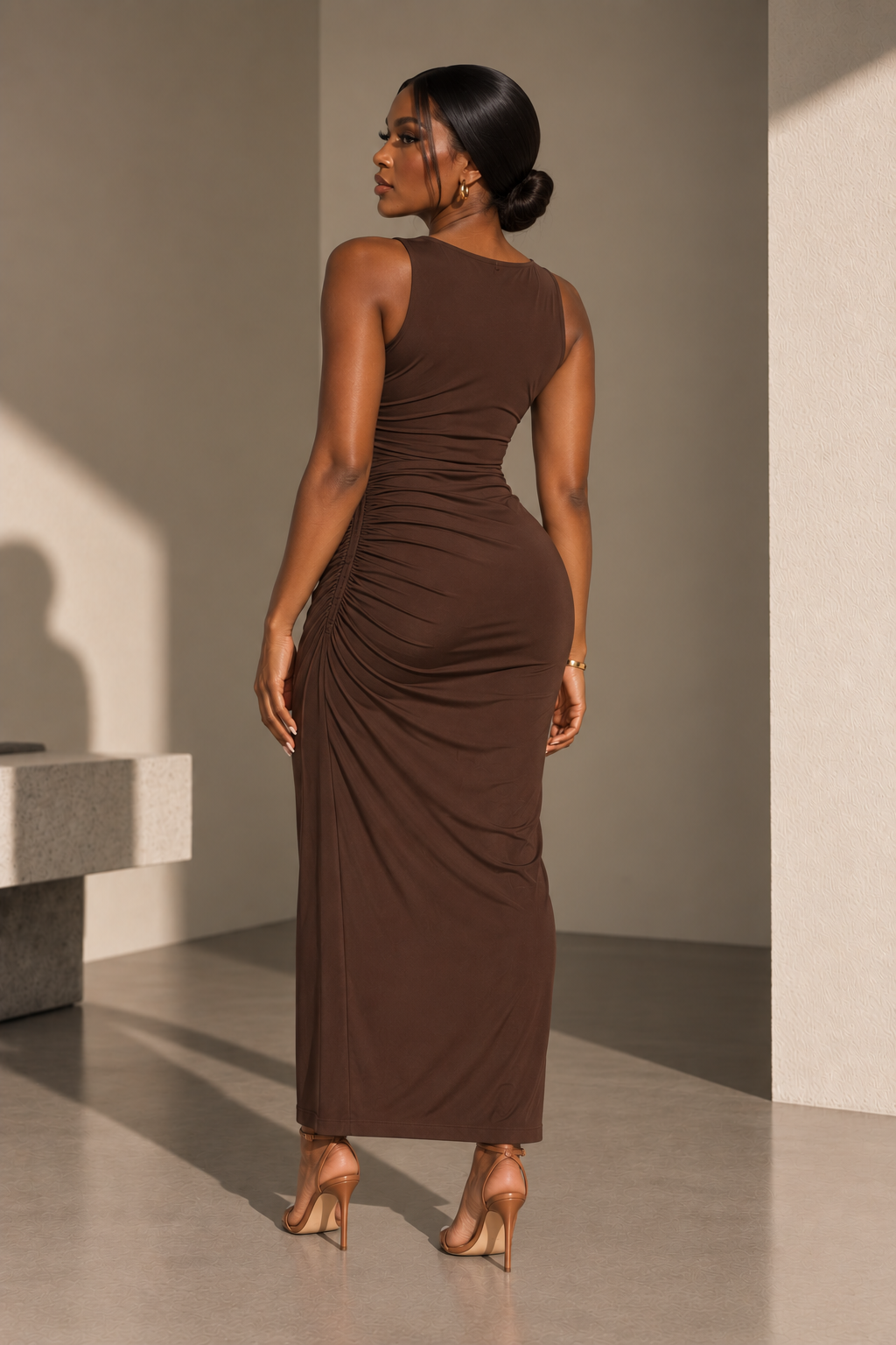 ZARA Brown Ruched Midi Dress