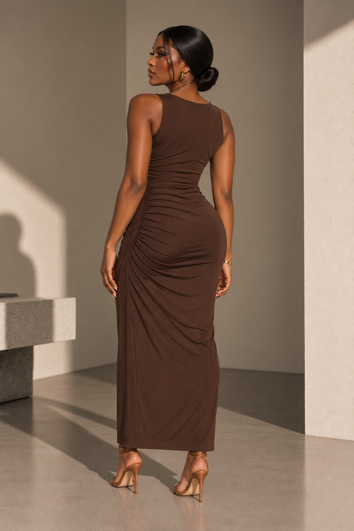 ZARA Brown Ruched Midi Dress